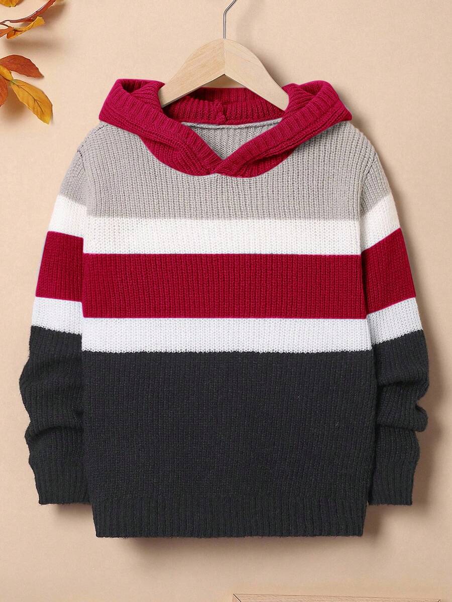 SHEIN Tween Boy Oversized Striped Hooded Pullover Sweater, Winter ,Fall - Red - View 1