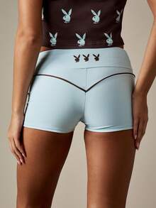 Missguided x Playboy 轻盈修身运动骑行短裤高腰无缝跑步健身高性能短裤，带撞色滚边，适合女式运动夏季 - 藍色 - 查看 6