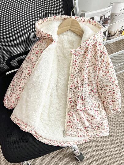 SHEIN Genkimix Kids Young Girl New Winter Padded Coat, Zipper Hooded, Apricot Ditsy Floral, Thermal Lining, Slim Fit, Waist Cinched, Pockets, Casual, Versatile, Outer Wear Fall Girl Clothes Autumn And Winter Clothes Girls Cotton Coat