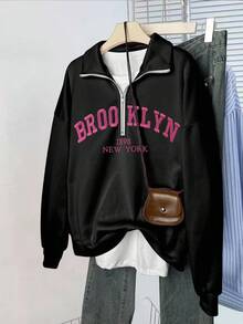 布鲁克林刺绣半拉链卫衣、布鲁克林刺绣卫衣、城市刺绣卫衣、休闲时尚落肩长袖卫衣 - 黑色 - 查看 3