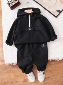 SHEIN Young Boy 2pcs Spring/Summer Lightweight Suit, Minimalist Hooded Long Sleeve Top With Drawstring Ankle Sports Pants, Fashionable Casual Two Pieces Set Fall Winter