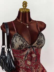 Amplova 女式节日撞色蕾丝花卉印花时尚细肩带迷你连衣裙 - 彩色 - 查看 6