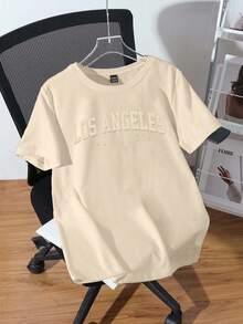 SHEIN EZwear 超大休闲简约英伦图案圆领短袖宽松T恤女，适合夏季 - 杏色 - 查看 2