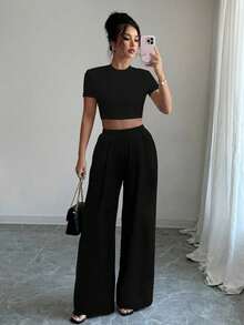 Selianne 女士實色短袖上衣和長褲夏季休閑兩件套裝 - 黑色 - 查看 3