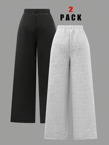 SHEIN Sparklyn 2pcs/Set Teen Girl Casual All-Match Versatile Thick Thermal Lined Loose Wide Leg Sweatpants For Daily Home Wear, Autumn/Winter Fall - Black - View 2