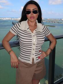 Durrani Popal Women's Collared Striped Button Knit Sweater, Apricot & Black Striped Knit Top - Apricot - View 5