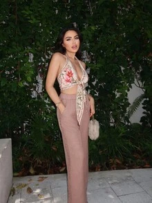 Durrani Popal Women's Denim Effect Linen Blend Pants With Lace Hem - Khaki - View 1