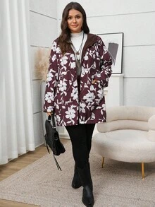 EMERY ROSE 大码女式秋季休闲拉链撞色酒红色花卉印花棕色绒面内里加厚保暖长袖口袋休闲连帽双面风衣，秋冬季，秋季，冬季，复古，外出，2025新款双面印花风衣 - 彩色 - 查看 7