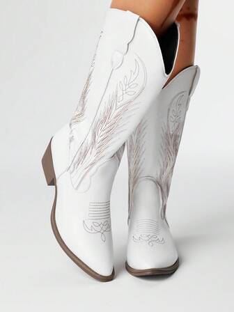 Fairycore Women's Fall White Pointed Toe Low Heel Western Boots, Slip-On Riding Tall Boots, College Style Knee-High Boots, Embroidered V-Cut Slip-On Leather Boots, Mid-Calf Boots