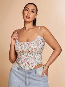 SHEIN BAE Plus Size Women's Floral Print Contrast Color Elegant Lace Camisole Summer Holiday Tops, Vacation Tops, Romantic Date, Birthday Party, Graduation Tops,Floral Top,Corset Tops,Suspender Corset,Sexy Elegant Corset,Going Out Tops Women/Early Autumn/Back To School/Going Out /Festival Outfits Women/Autumnfall/Wedding Guest Top Women Plus Size/Formal Top For Women/Dresses For Women Elegant/Summer Dresses /Birthday Dress/Homecoming Dress/Off Shoulder Top/Halloween Costume/Club Outfits Women Sexy/Christmas/Plus Size Top