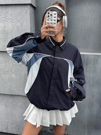 SHEIN ICON 女款白色撞色系运动复古元素Blokecore开叉设计宽松长袖夹克，舒适前卫休闲宽松落肩网眼衬里，秋冬运动风