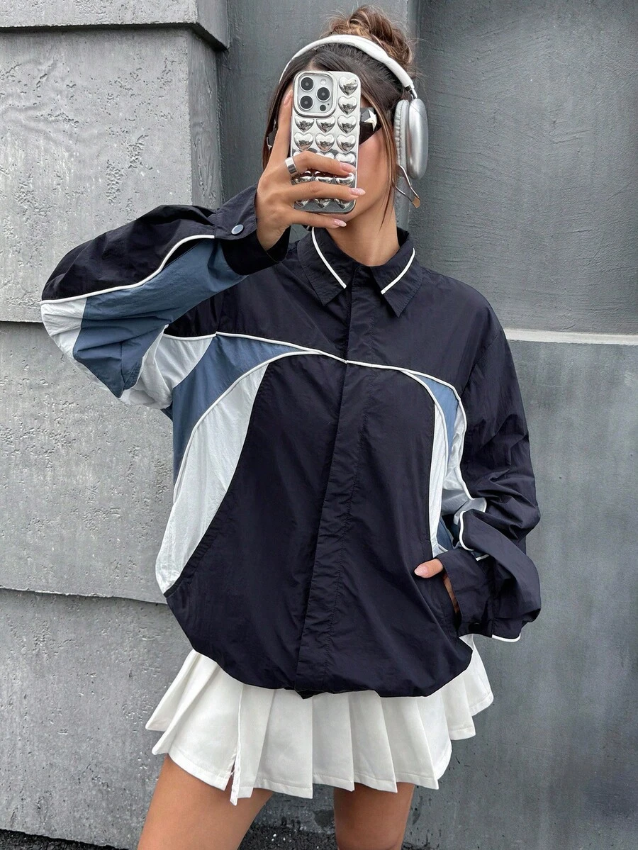 SHEIN ICON Women's White Contrast Color Line Sports Retro Element Blokecore Split Design Oversized Long Sleeve Jacket, Comfortable, Avant-Garde, Casual, Loose, Drop Shoulder, Mesh Lining, Sporty In Fall/Winter - Multicolor - View 1