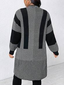 SHEIN PETITE CURVE Plus Size Women Striped Long Sleeve Open Front Casual Knit Cardigan, Autumn Winter Fall - Black - View 3