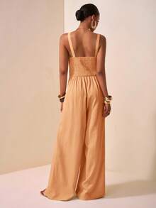 Zivah 2025新款春夏休闲度假扭纹吊带镂空后背纹理面料女长款阔腿裤卡其色婚礼季音乐节派对街头沙滩海边度假波西米亚风-A - 咖啡棕 - 查看 2