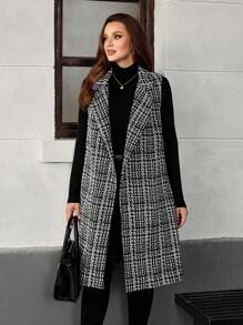 EMERY ROSE 大码女式秋冬口袋格子翻领休闲长款背心夹克 - 黑色 - 查看 6