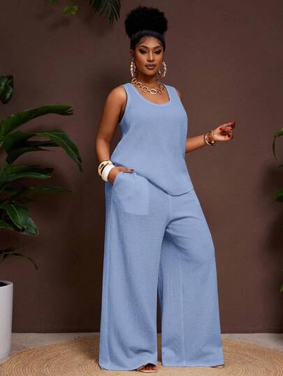 Slaydiva 2025 新款春夏大码女装复古西部/热带/音乐节/俱乐部/公路旅行//休闲街头/城市度假/毕业约会/优雅度假两件套 - U 领无袖纹理透明白色背心搭配松紧腰阔腿裤