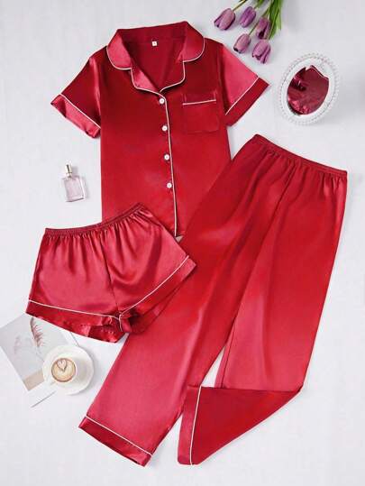 LuxeNights Set Women Contrast Solid Faux Zijden Collar Sleepwear Rood Pajama view 6