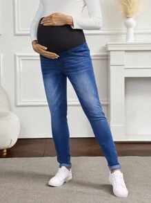 SHEIN 孕妇撞色可调节腰部紧身休闲牛仔裤 - 深色水洗藍 - 查看 3