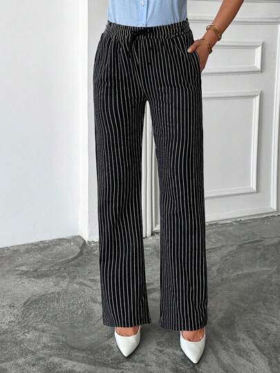 EURMUSE Fashionable Commuter Colorblock Striped Straight Leg Pants