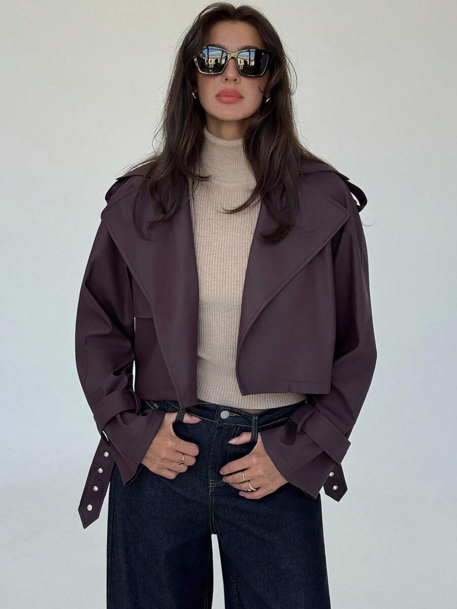 Aloruh Women's Solid Color Fashionable Short Casual Jacket Fall Clothes - Burgundy - View 1