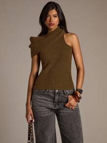 Aloruh Women's Autumn/Winter High Neck Wrap Fitted Ribbed Sweater Vest - Olive Green - View 4