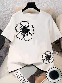 GlowEve Women's Floral Print Crew Neck Short Sleeve Casual Versatile T-Shirt - White - View 3