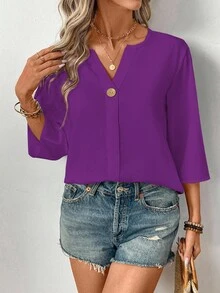 SHEIN LUNE 女士简约纯色V领七分袖休闲通勤衬衫 - 紫色 - 查看 5