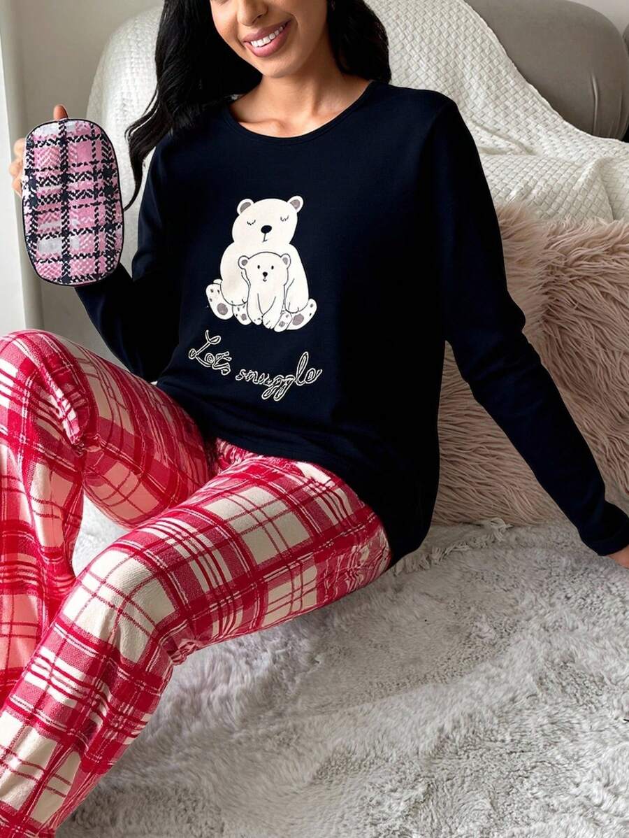 EURMUSE Damen Langarm-Top mit Buchstaben- und Cartoon-Bär-Muster und karierte Hose Pyjama Set
