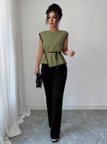 Elenzga Áo cánh màu tương phản thắt eo thanh lịch dành cho nữ khi đi làm - Màu xanh Ô liu - Xem 3