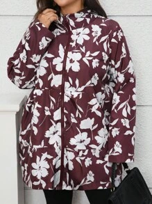 EMERY ROSE 大码女式秋季休闲拉链撞色酒红色花卉印花棕色绒面内里加厚保暖长袖口袋休闲连帽双面风衣，秋冬季，秋季，冬季，复古，外出，2025新款双面印花风衣 - 彩色 - 查看 5