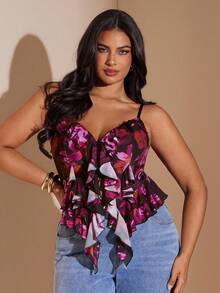 SHEIN BAE Plus Size Women's Black Mesh Ruffled Camisole Top,Graduation,Club Sexy,Spring,Summer,Holiday Night,Birthday,Wedding,Vacation Women,Concert/Early Autumn/Back To School/Going Out /Festival - Purple - View 7