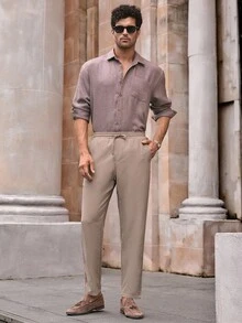 Manfinity NXTstreet Quần ống côn cạp giữa dệt phồng xốp thông thường dành cho nam, dành cho mùa thu, Old Money - Màu Khaki - Xem 2