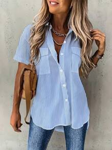 INAWLY Camisa casual de mujer de manga corta, de bolsillo, holgada y con rayas, ideal para vacaciones - Azul y blanco - Ver 1