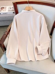 Regalyn New Plus Size Women's Elegant Business Elegant Bowknot Collar Solid Color Blouse Top, Versatile For Daily Wear, Minimalist Design With Fashionable Pleats, Slimming And Stylish Fall Cloth For Women