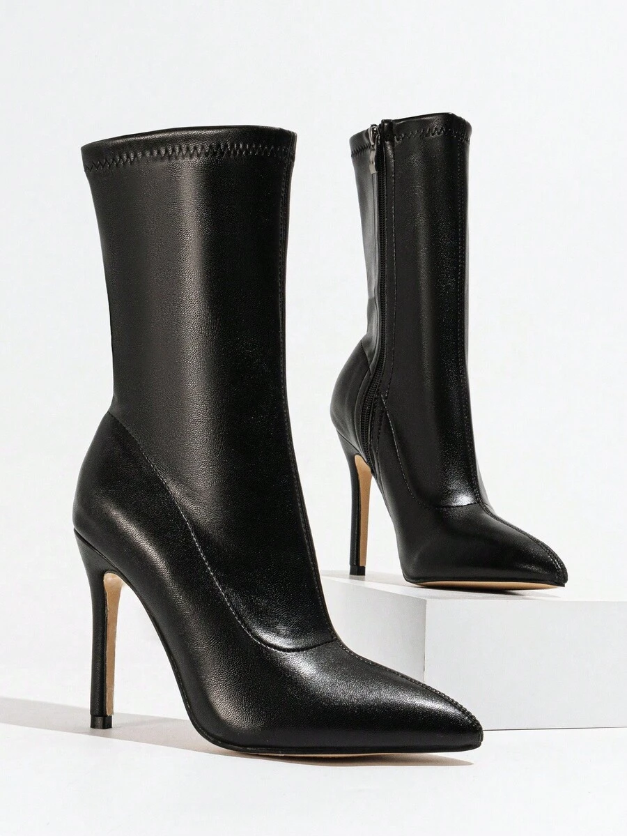 CUCCOO SZL 女士尖头弹力细高跟侧拉链漆皮性感亮面紧身踝靴，圣诞节必备 - 黑色 - 查看 1