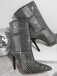 SHUZIA Rhinestone Decor Pointy Toe Stiletto Heeled Boots - Black - View 6