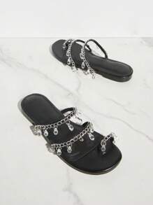 SHUZIA Black Color & Women's Thong Flat Sandals With Crystal Bead Chain - Black - View 3
