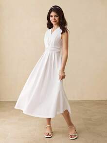 青少年 V 领收腰无袖连衣裙，优雅大方，适合返校、派对、万圣节、圣诞节 - 白色 - 查看 3