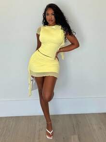 Alexandranx 2 件套性感粉色不对称褶皱透视紧身套装、外出套装、生日套装、节日派对套装、女士约会夜服装、音乐会服装、毕业礼服、街头风格套装、女士 2 件套服装女士两件套服装女士 2 件套服装 - 黃色 - 查看 2