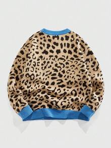 ROMWE MEN Street Life Pull ample à col rond à manches longues, tricot jacquard léopard, pour homme. Automne/Hiver