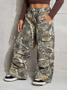 SHEIN Quần jean dáng rộng họa tiết rằn ri và cành cây phong cách Y2K dành cho nữ, thời trang đường phố, quần jean màu xanh quân đội, họa tiết cành cây, mùa thu đông. - xanh quân đội - Xem 6