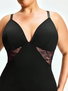 SHAPORA Plus Size Floral Lace Patchwork Sheer Bodycon Dress, Suitable For Daily Wear And Office - Black - View 5