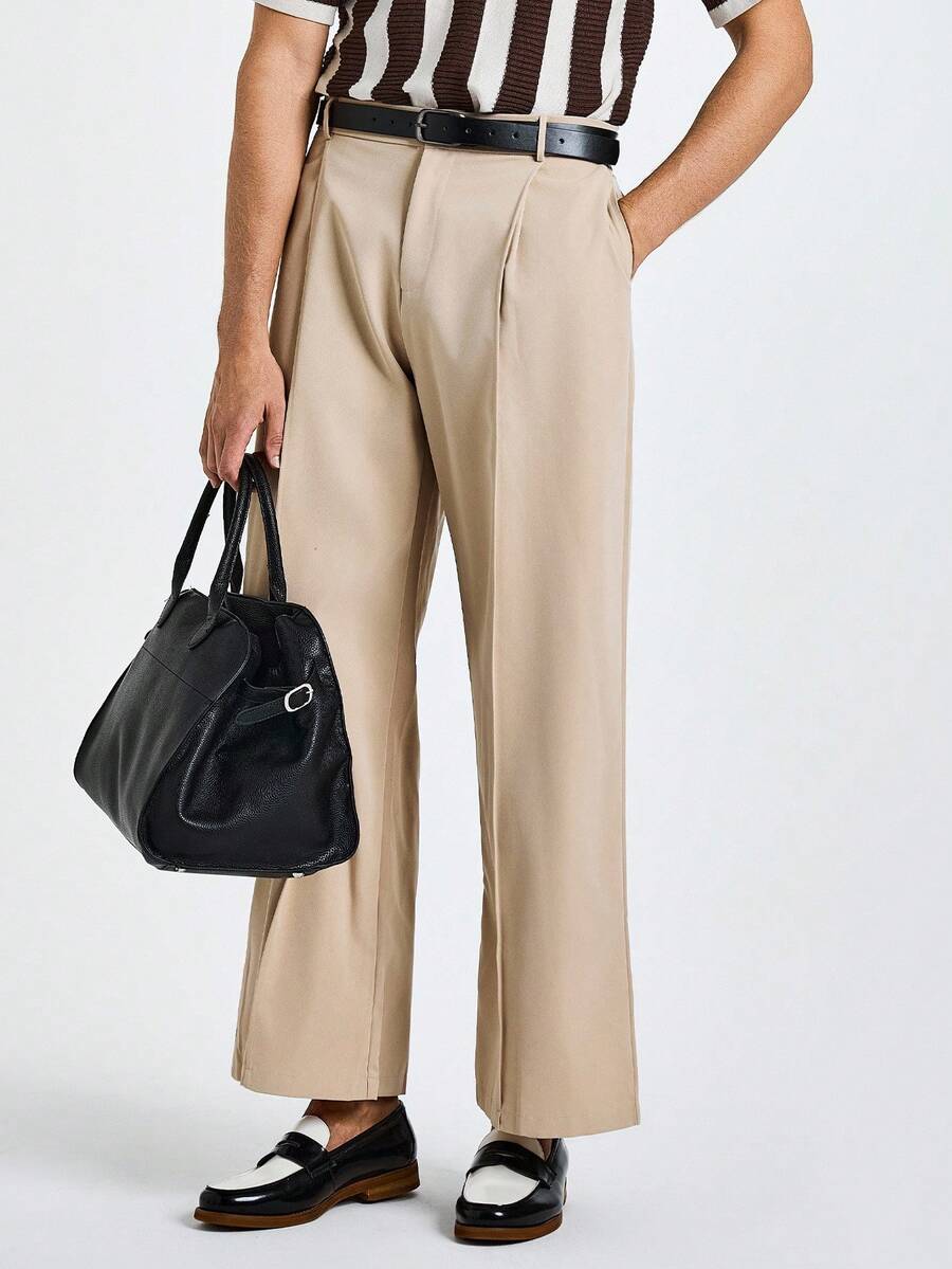 Marvello Homme Men's Casual Solid Color Wide Leg Pants - Khaki - View 1