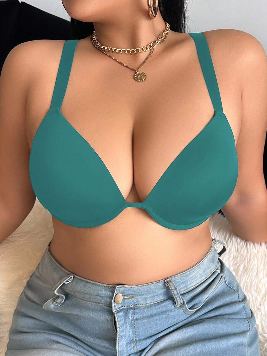 SHEIN 1pc Women Plus Size Simple Solid Color Underwire Bra, Lift - Green - View 1