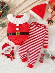 SHEIN Playful Pals 3pcs Baby Boy Christmas Outfit Set: Cute Romper, Striped Envelope Collar Jumpsuit, And Hat, Winter Clothing Baby Christmas Clothing Infant Christmas Outfit Baby Santa Costume Baby Santa Outfit