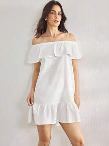 Ocili 1 件女士无袖露肩棉质睡袍，舒适家居服 - 白色 - 查看 5