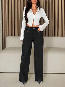 EURMUSE Women's Washed Black Extra Long Straight Leg Jeans With Side Stud Detail For A Casual Look - Black - View 6