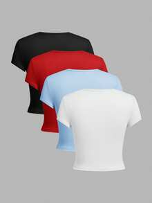 SHEIN EZwear 4 件装夏季圆领短袖修身女式 T 恤