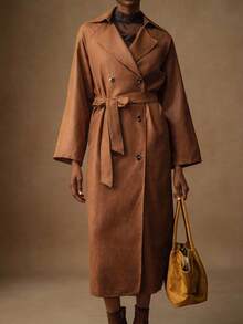 Lyxana Suede Waist Wrap Casual Long Women Regular Jacket - Brown - View 6