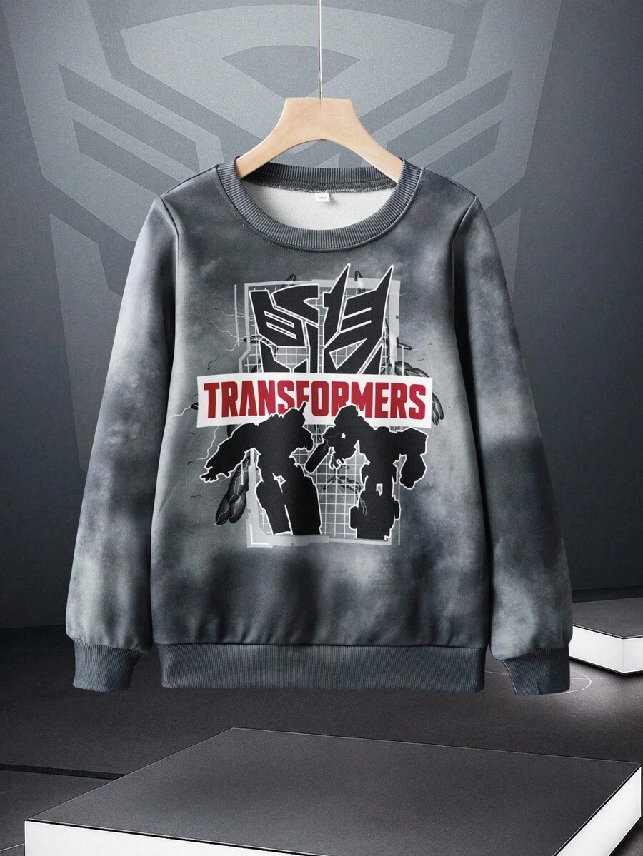 Transformers X SHEIN Sweat-shirt-shirt col rond décontracté avec graphique lettrage pour garçon préadolescent, automne - Gris - Voir 1